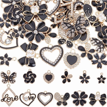 1 Box 48Pcs 12 Styles Black Enamel Charms Bowknot Charms Rhinestone Metal Alloy Heart Butterfly Love Charm