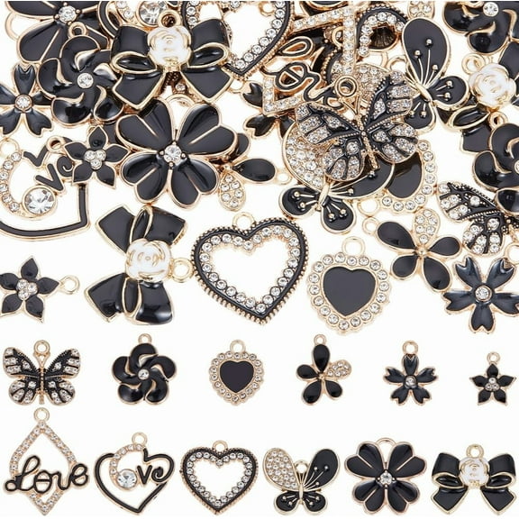 1 Box 48Pcs 12 Styles Black Enamel Charms Bowknot Charms Rhinestone Metal Alloy Heart Butterfly Love Charm for Jewelry Making Charms DIY Keychain Bracelet Earrings Necklace Valentine's Day
