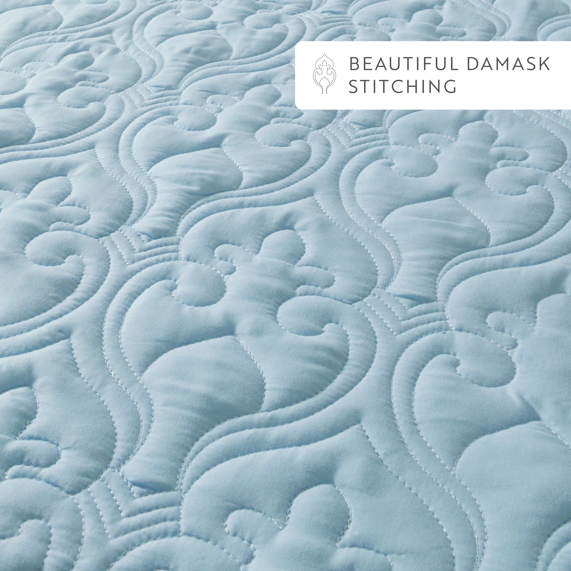 Noble Linens Pale Blue Damask Pattern Quilted Coverlet Set, King / CalKing