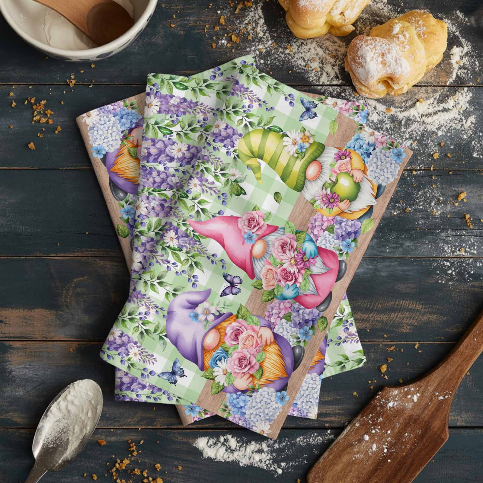 Blue Purple Gnomes Kitchen Towels Set of 3, Water Absorbent Dish Towel, Spring Hydrangea Flower Leaf Green Plaid Decorative Hand Towels - Quick Drying Cloth for Cooking Baking, 18x28 Inch