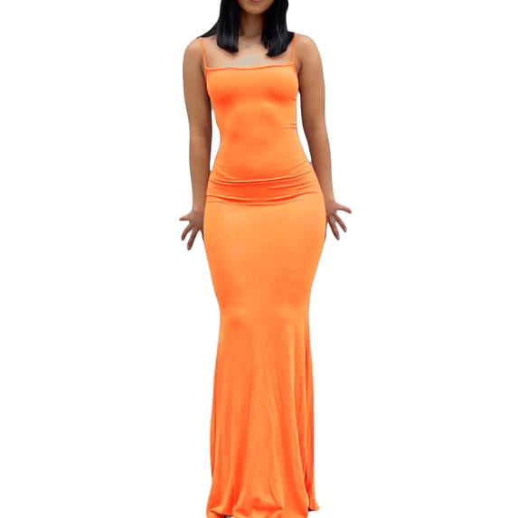 Qmyliery Women Sleeveless Fish Tail Dress, Solid Color Spaghetti Strap Bodycon Long Skirt,XS/S/M/L