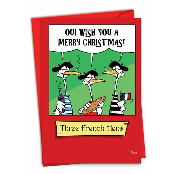 NobleWorks Funny Christmas Greeting Card with 5 x 7 Inch Envelope (1 Card) Merry Christmas Holiday Three French Hens C7635XSG