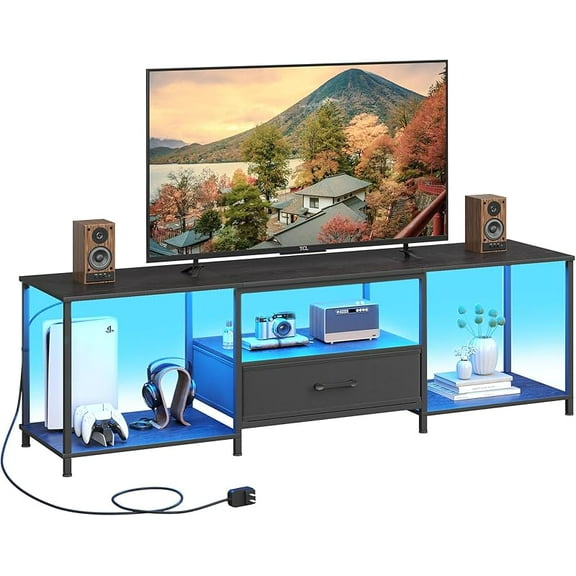 TV Stand with LED Lights, Entertainment Center with Open Shelves and Fabric Drawer, Media Console for 55 Inch TV, Television Stands for Living Room, Bedroom, Black