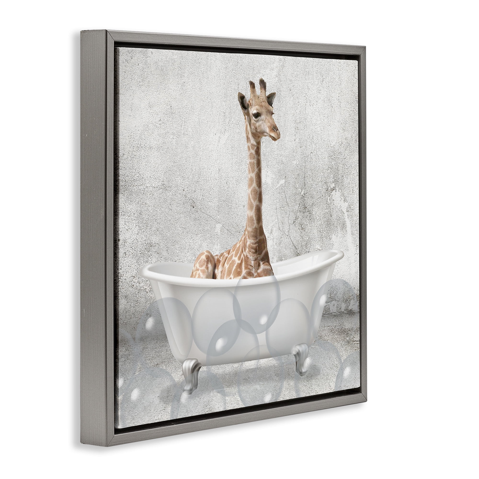 Stupell Industries Baby Giraffe Bath Time Animals & Insects Painting Gray Floater Framed Canvas Art Print Wall Art, 18 x 18