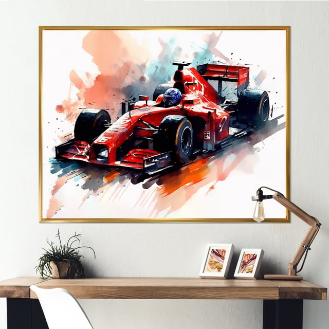 Designart Grande Voiture de Course Voiture Formule 1 art Mural Encadré, Fureur Injectée de Carburant en Rouge et Crème, Voiture de Course Voiture Formule 1 art Mural Encadré Décor, art Mural Moderne Rouge Or Encadré, 40x30 Pouces Cadre Doré