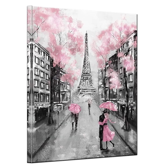 Paris Eiffel Tower Lovers Holding Umbrellas Pink Artwork Landscape for Living Room Wall Art Poster Print Canvas Painting Pink Theme Girls Room Decor(12x16inch, Pink Paris Eiffel Tower)