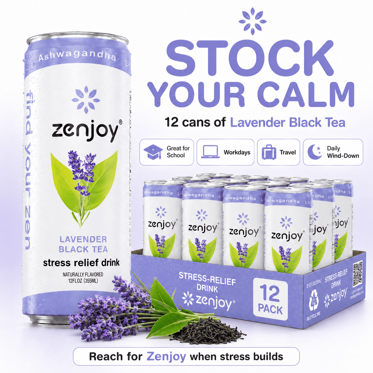 Zenjoy Stress Reief Drink, Calming Black Tea, Non Alcoholic, Ashwagandha & Lemon Balm for Stress Relief, L - Theanine for Focus (12 Pack) (Lavender)