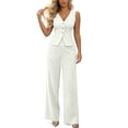 thumbnail image 2 of Mifsaly Womens Suits 2 Piece Set Business Casual office Work formal Matching Outfits Elegant V Neck Sleeveless Button Vest Top and High Waist Wide Leg Trousers White,XXL, 2 of 5