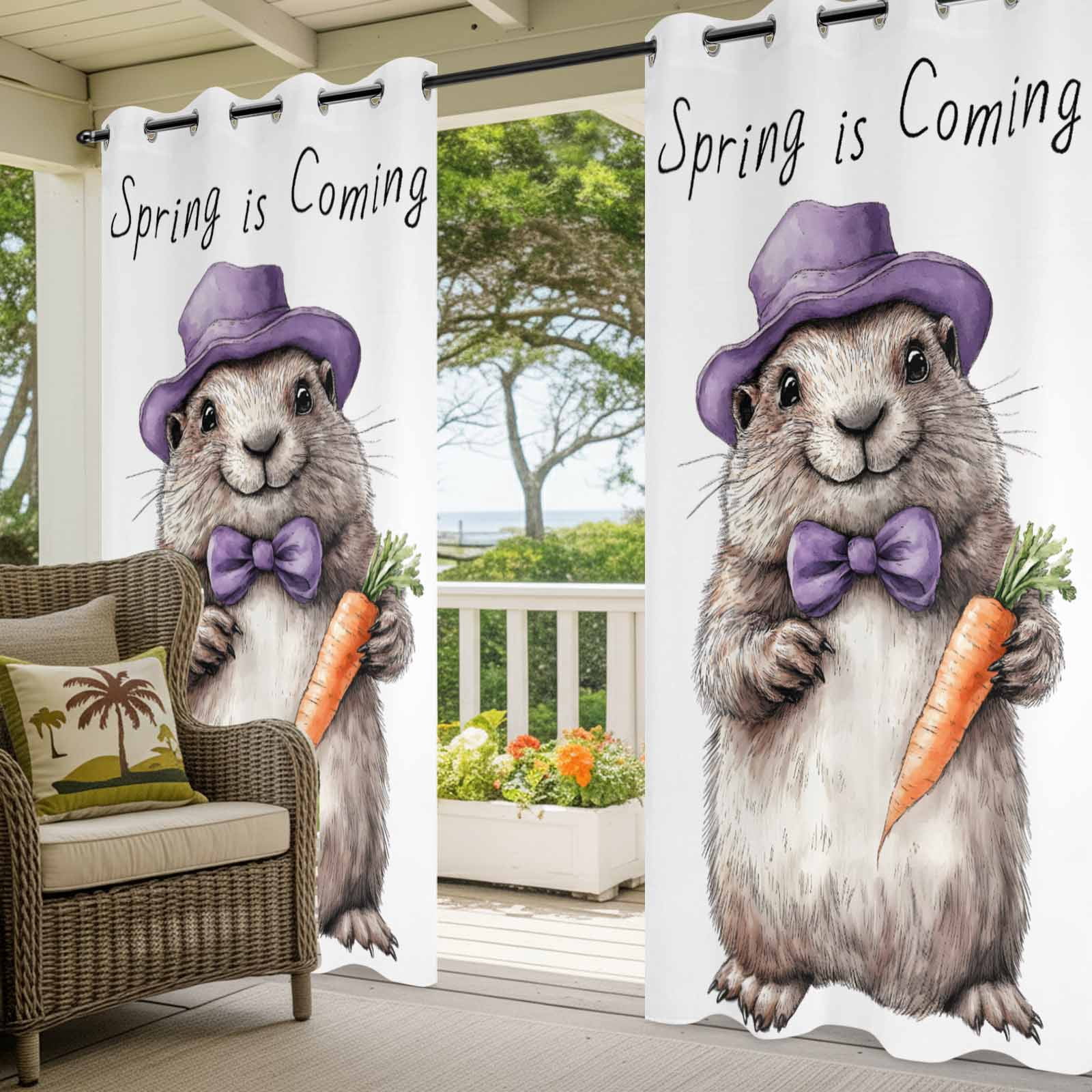 Outdoor Curtains for Patio Waterproof, Groundhog Day Windproof Pravicy Outside Porch Blackout Curtain, Spring Cute Grey Animals Carrot Sun Blocking Grommets Curtains for Cabana Gazebo 54"x108"