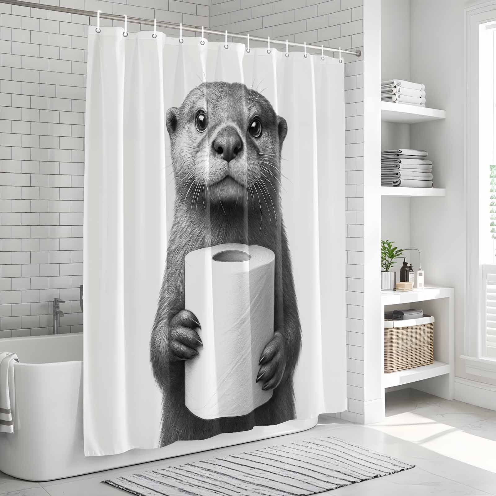 Cute Otter Shower Curtain, Waterproof Shower Curtains for Bathroom, Funny Animal with Toilet Paper Washable Fabric Bathtub Curtain Set Bath Decor with 12 Hooks 72"x78"