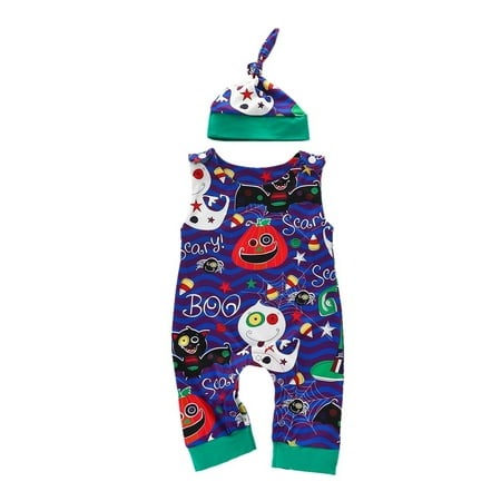 

Baby Romper and Hat Pumpkin Print Round Neck Sleeveless Jumpsuit and Hat Yellow/Black/Purple