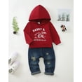 thumbnail image 2 of Kucnuzki 2T Toddler Boy Outfit 3T Kids Child Boys Winter Clothes Long Sleeves Hoodie Letter Print Pulover Sweatshirt Ripped Denim Pants Sets 2pcs Warm Clothing Red, 2 of 8