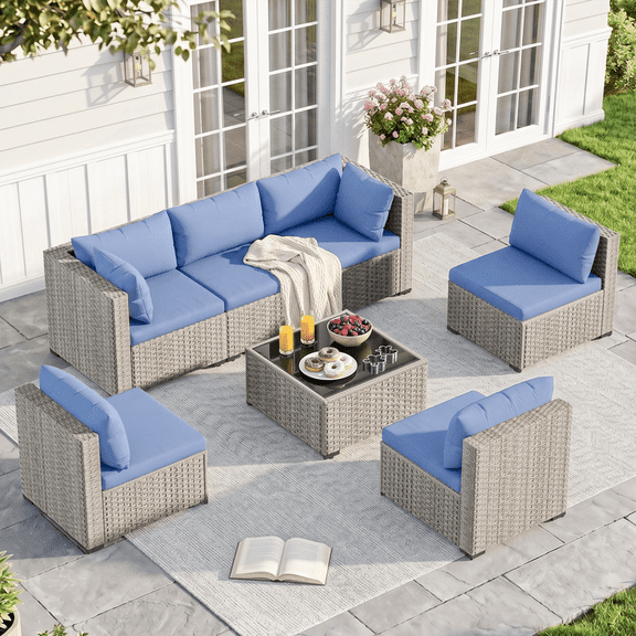 MRUAKA Outdoor Patio Furniture Set, 7-Piece Modular Sectional Sofa With Tea Table and Free Cushion, PE Wicker Outdoor Conversation Set for Patio, Garden, Backyard,Haze Blue