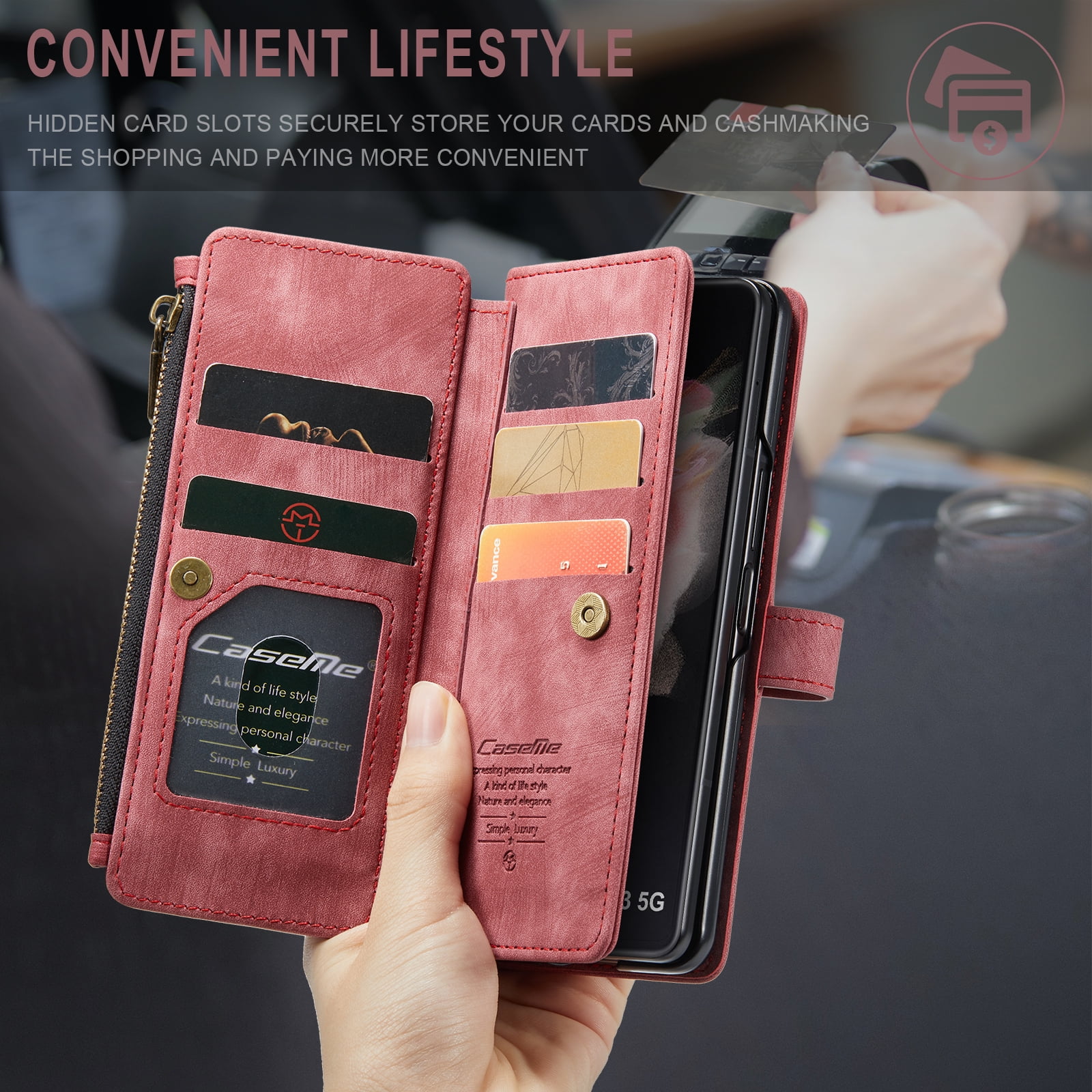Dteck Galaxy Z Fold 3 Case, Dteck Heavy Duty Durable PU Leather Magnetic Wallet Flip Lanyard Strap Wristlet Zipper Card Holder Phone Case for Samsung Galaxy Z Fold 3 5G, Red