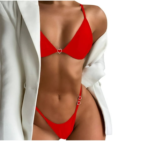 

VKEKIEO Two-Piece Sets Swimsuit Sport Bra Style Soft Cup Red L
