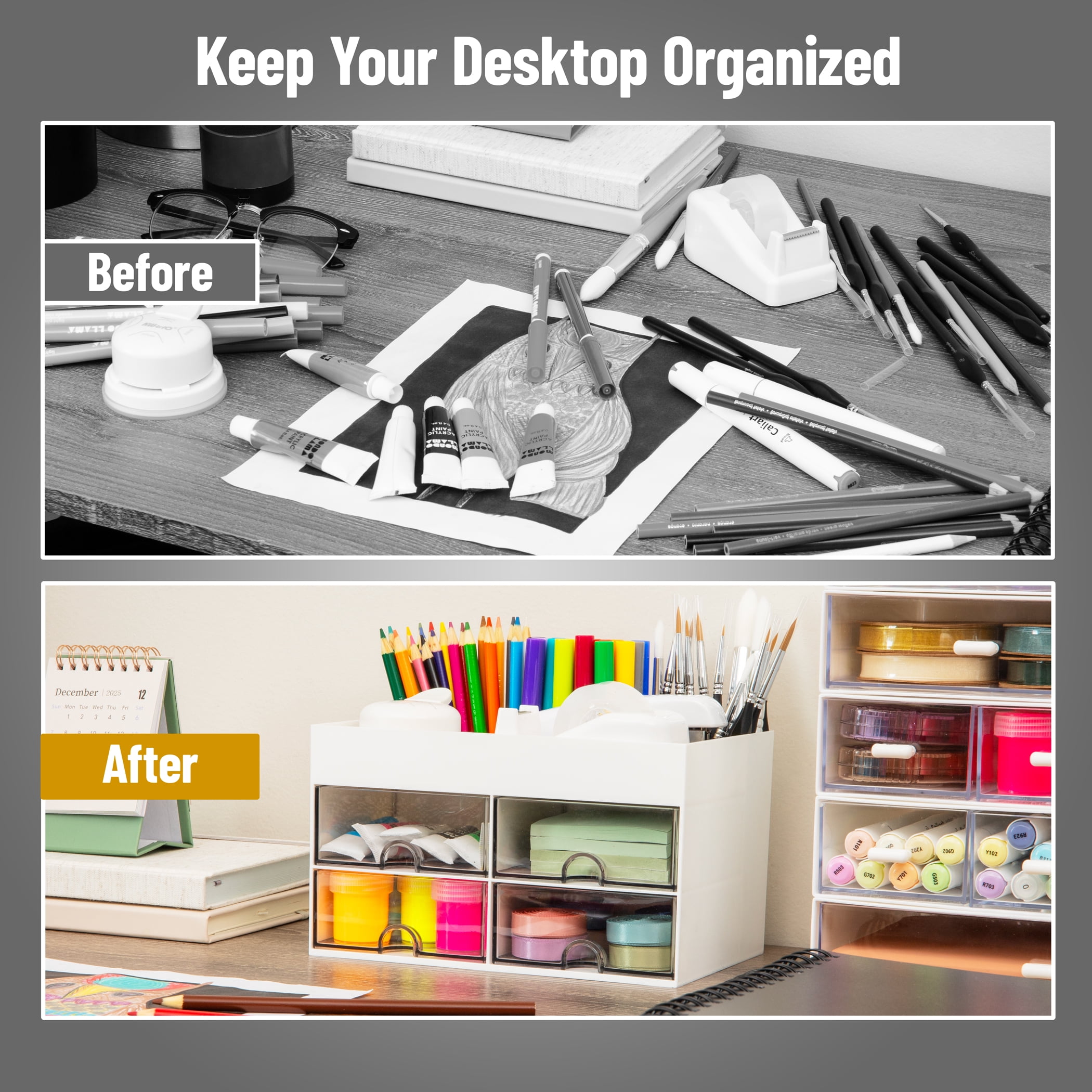 Mind Reader Craft Supply Organizer with Top Tray and 4 Drawers, Desktop Storage for Pens, Scissors, Tape, Beads and Accessories, Plastic, White