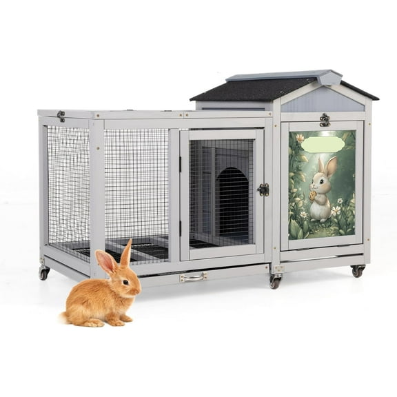 imerelez Wooden Rabbit Hutch-Indoor & Outdoor Animal Bunny Cage Pet House with Casters, Weatherproof Roof, Removable Tray for Rabbits, Ducks, Squirrels,and Guinea Pigs