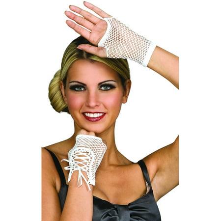 New Adults  White Lace-Up Fingerless Fishnet Wrist Gloves