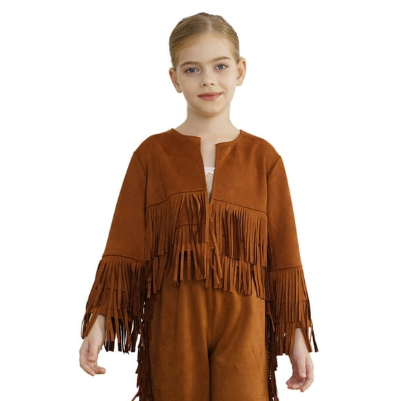 Oyolan Boys Girls Western Cowboy Cowgirl Jacket Long Sleeve Open Front Fringe Outerwear Vest Halloween Dress Up Brown 10