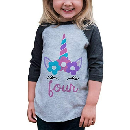 

7 ate 9 Apparel Kids Fourth Birthday Unicorn Raglan Tee Grey