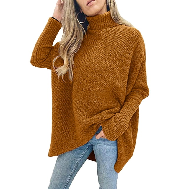 FOCUSNORM Women Solid/Contrast Color Sweater Bat Sleeve Irregular Hem Pullover