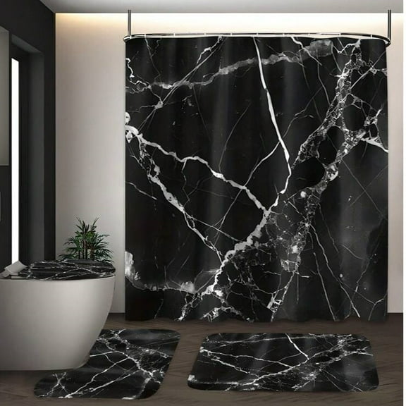 Marble Shower Curtain Abstract Black Marble Decorative Art Shower Curtain Set with Waterproof