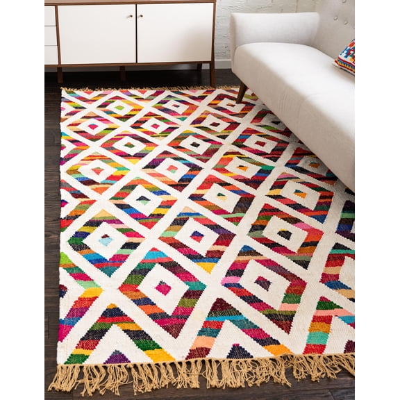 Unique Loom Diamond Chindi Trellis Rug Multi/Beige 5' 1" x 8' Rectangle Hand Made Chevron Farmhouse Perfect For Living Room Bed Room Dining Room Office