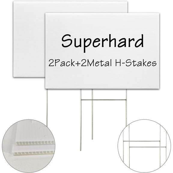 2-Pack Blank Yard Signs with Stakes , 18x12 Inch White Plastic Lawn Signs for Birthday, Garage Sale, Rent, Events - Includes H Stakes - Weatherproof Outdoor Signage for Home & Business