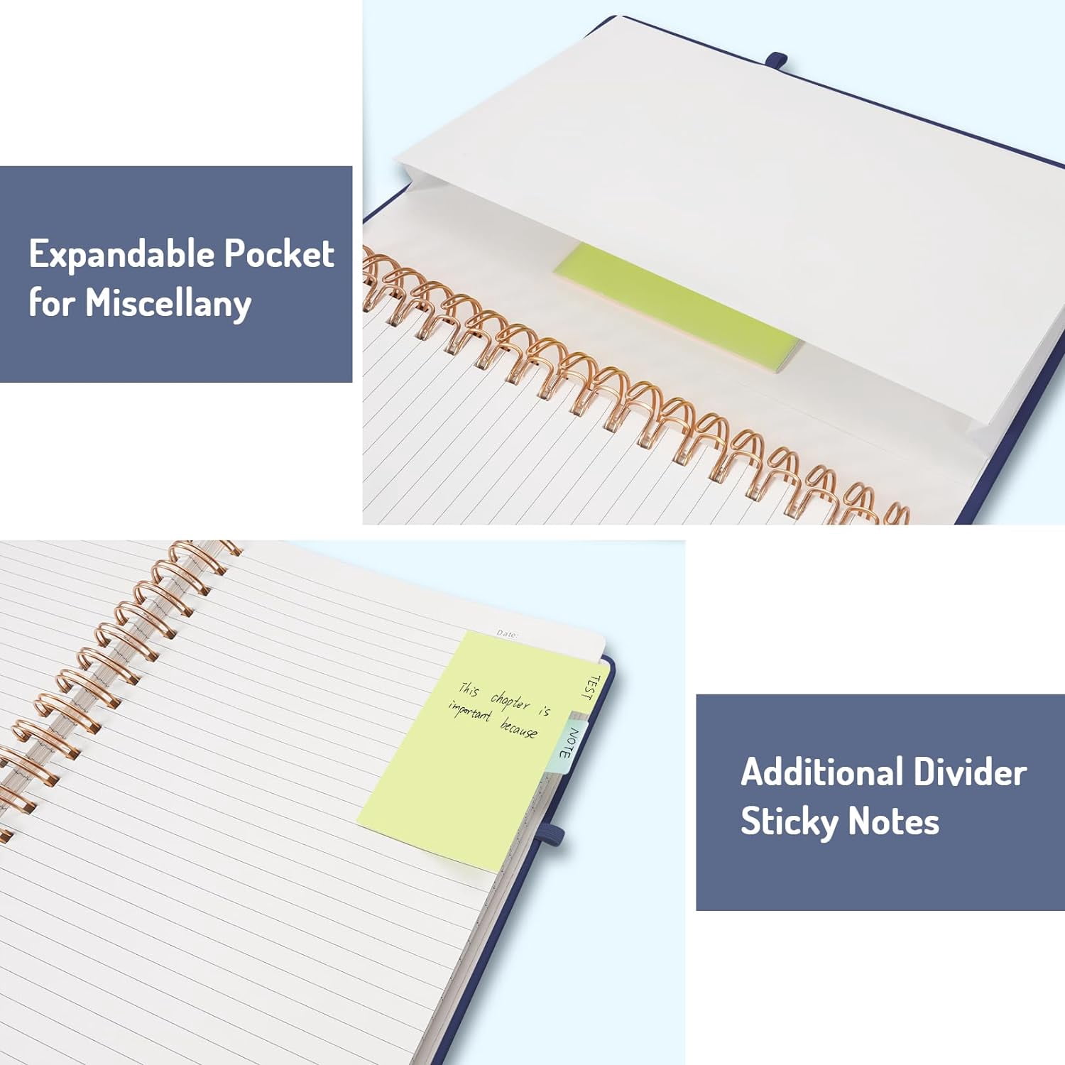 Lined Spiral Journal Notebook with 300 Numbered Pages, B5 College Ruled Thick Journals for Writing with 100GSM Paper, Hardcover Notebooks with Contents for Work, School, Women, Men, Navy
