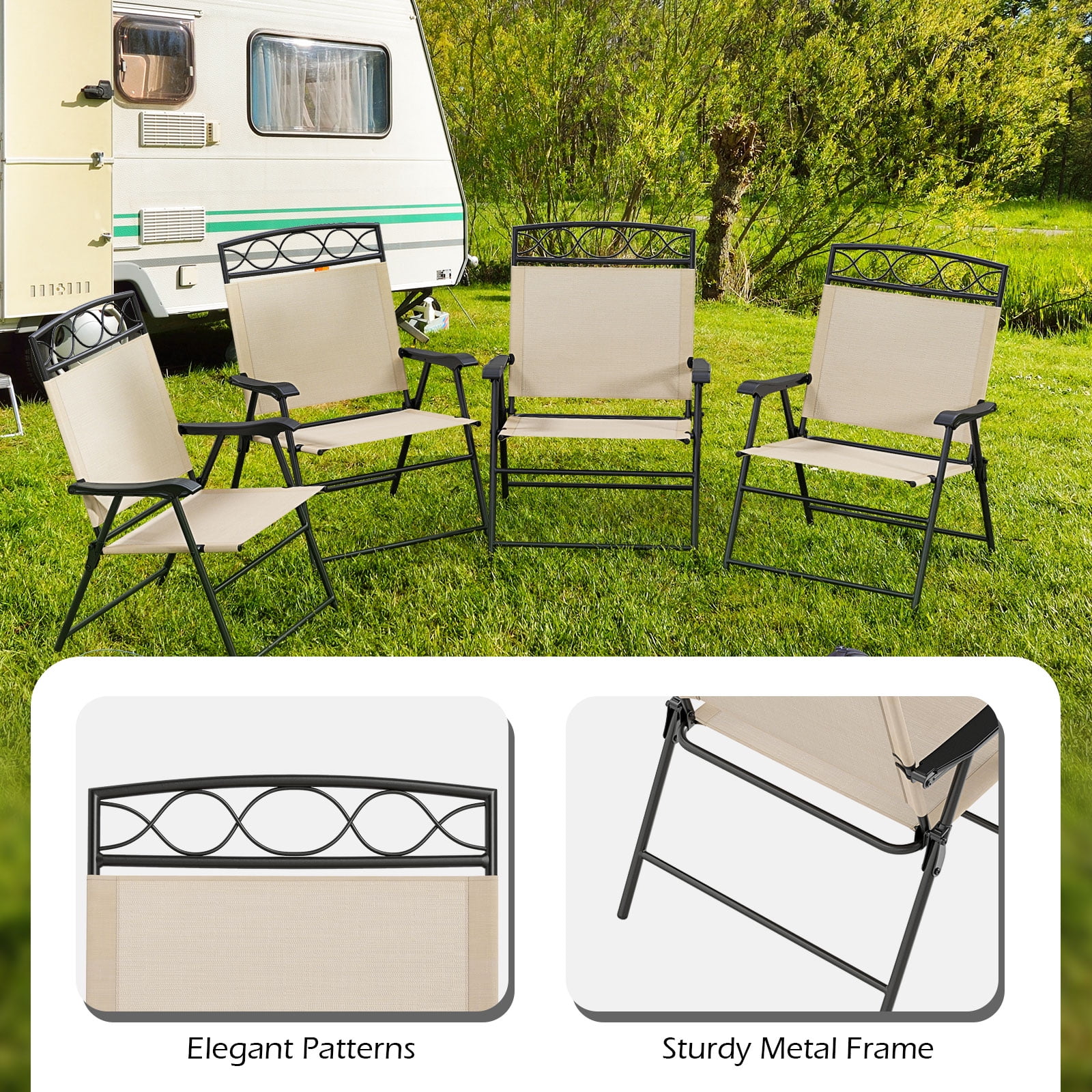 Gymax 4 Pack Patio Folding Chairs w/ Backrests & Armrests Metal Frame Outdoor Beige