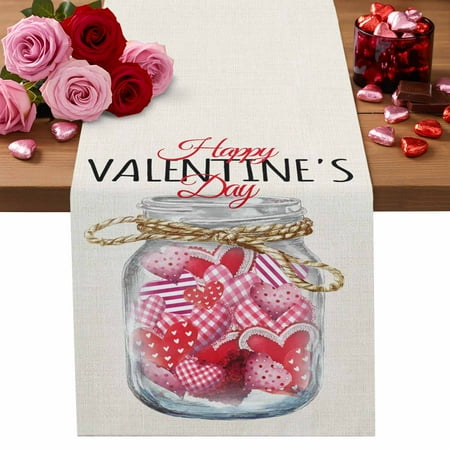 Happy Valentine s Day Table Runner 18 x 72 Inch Pink Love Heart Boat Beige Background Washable Cotton Linen Dining Table Runner Tabletop Decorations for Restaurant Home Kitchen Party