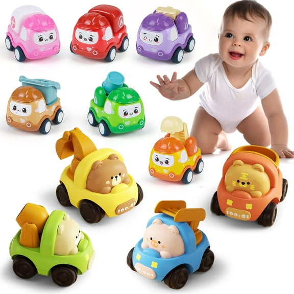 Car Toy for 1 Year Old Boy Gift, Baby Animal Racing Vehicle for Toddlers 1-3, Pull Back Cars, 10PCS Play Vehicle Set Mini Truck Toys Boy Girl