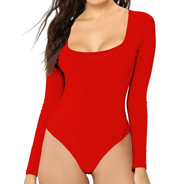 MANGDIUP Women's Scoop Neck Long Sleeve Basic Bodysuits Jumpsuits (Red, XL)  