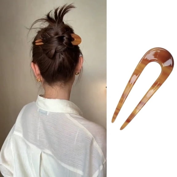 U-Shaped Hair Pin Cellulose Acetate French Fork, Tortoise Shell Chignon Stick for Bun Updo, No-Slip Hair Accessories for Women (Amber)