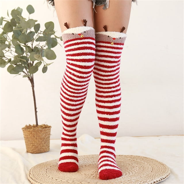 Chaussettes de Sol Chaudes pour Femmes en Molleton Corail Épaissi à Rayures Dessin Animé 2 Pcs Bas Bas Bas de compression Rouge