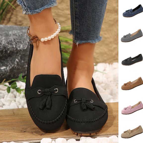 THDHVS Casual Shoes for Women,Womens Dress Shoes,Women's Fashion Casual Style Tassel Soft Solid Color Bottom Flat Loafers Shoes Dark Blue