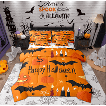 Manfei Teens Happy Halloween Bedding Comforter Set 7pcs, Gothic Bat Print Queen Bedding Sets, Cartoon Stars Pumpkin Reversible Queen Sheet Sets, Microfiber Bedroom Decor