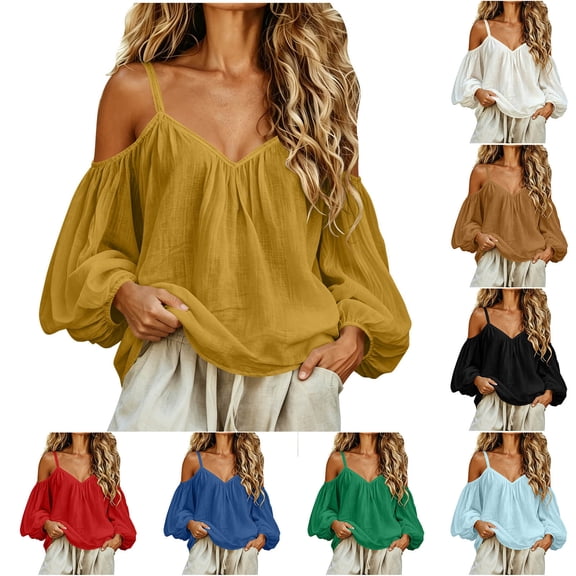 ThriftyPlait Boho Tops for Women Casual Cotton Off Shoulder Long Sleeve Blouse Sexy Loose Fit Trendy Shirts Going Out V Neck Summer Outfit