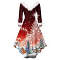 thumbnail image 3 of Women's Fashionable Casual Fitted Christmas Print Party Long-Sleeved V-Neck Hair Collar Dress for Holiday Parties and Events,Vermilion,S, 3 of 4