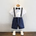 thumbnail image 4 of Boys British Suspender Suit Set, White Short Sleeve Shirt Striped Shorts Bow Tie Suspenders Formal Back to School Outfits for Kids Birthday Wedding Stage Performance(Navy1,11-12 Years), 4 of 5