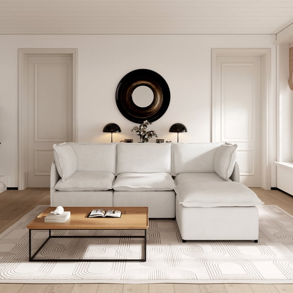 The Magic Home 96" 3-Seat L Shaped Modular Sectional Couch with Movable Ottoman, Oversized Deep Seat Linen-Look Cloud Sofa for Living Room, White Couch