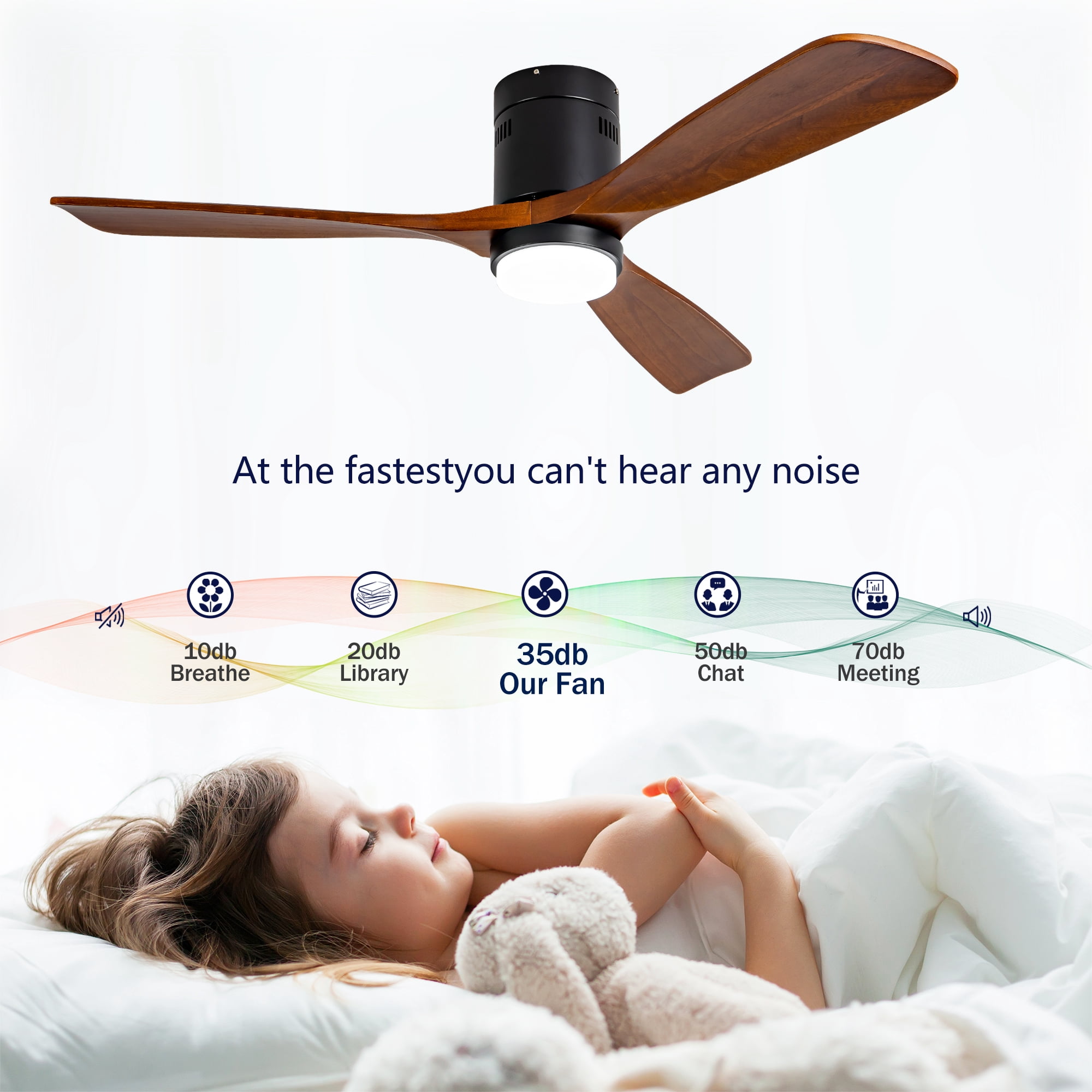 Ceiling Fan with Lights, 52 Inch Flush Mount Remote Control Wood Blades Ceiling Fan for Bedroom Farmhouse Indoor, Black