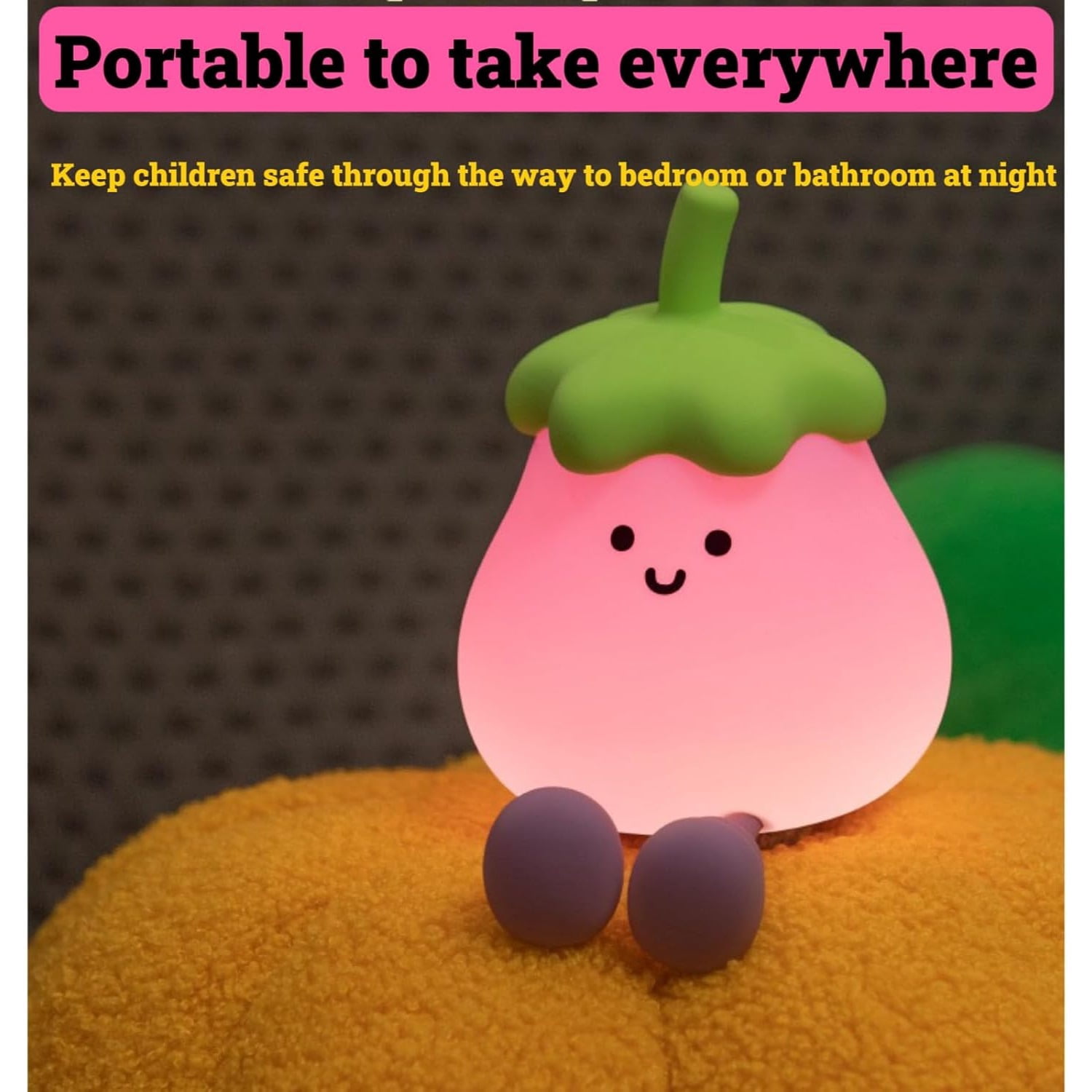 Kids Night Light, LED Silicone Nursery Night Lamp,2024 Newest Eggplant Touch NightLight for Kids Room，Portable Baby Night Light,USB Rechargeable Bedside Lights,Kids Room Decor