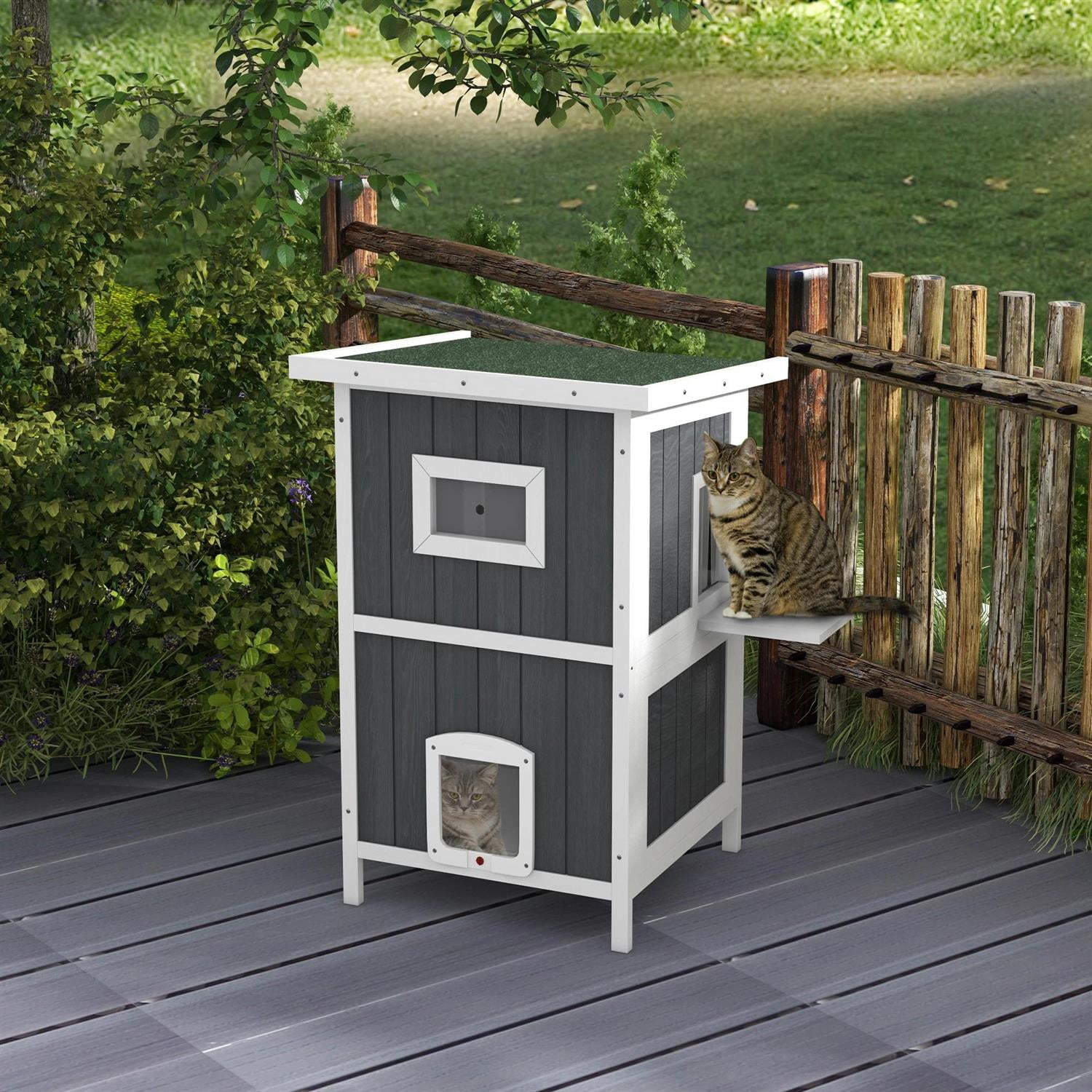 Pefilos Outdoor Weatherproof Cat House with Removable Floor, Escape Doors, Wooden Feral Shelter for Cats and Small Animals, Gray