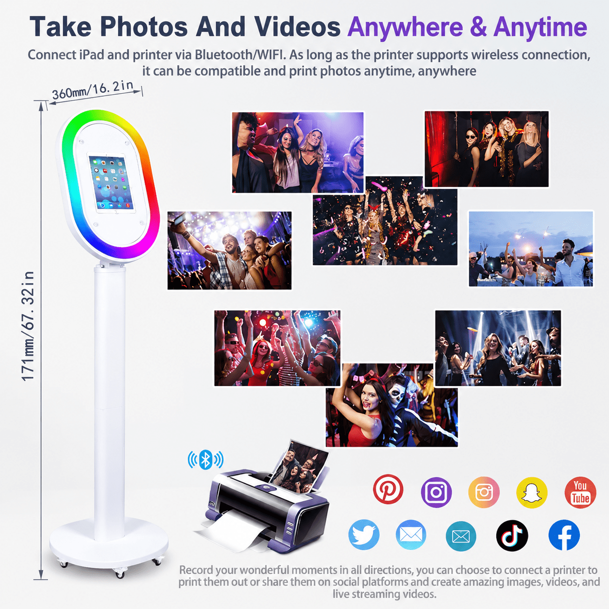 Portable iPad Photo Booth Stand with RGB Ring Light - Compatible with 10.2" to 13" iPad Pro/Air, Party Selfie Station for Weddings & Corporate Events (White/Flight Case)​