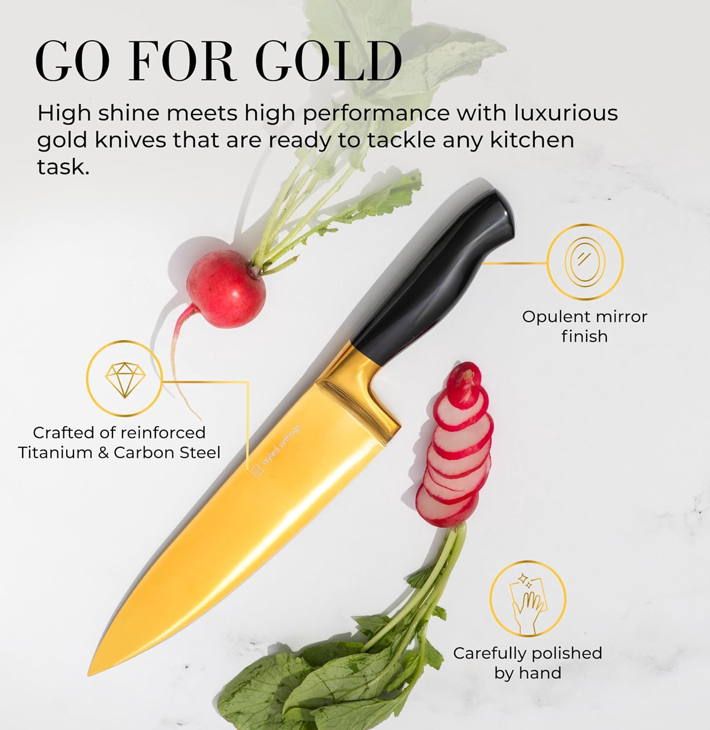 Black and Gold Knife Set with Sharpener- 14 PC Gold Knife Set with Block and Sharpener Includes Full Tang Black and Gold Knives & Self Sharpening Knife Block Set - Black and Gold Kitchen Accessories