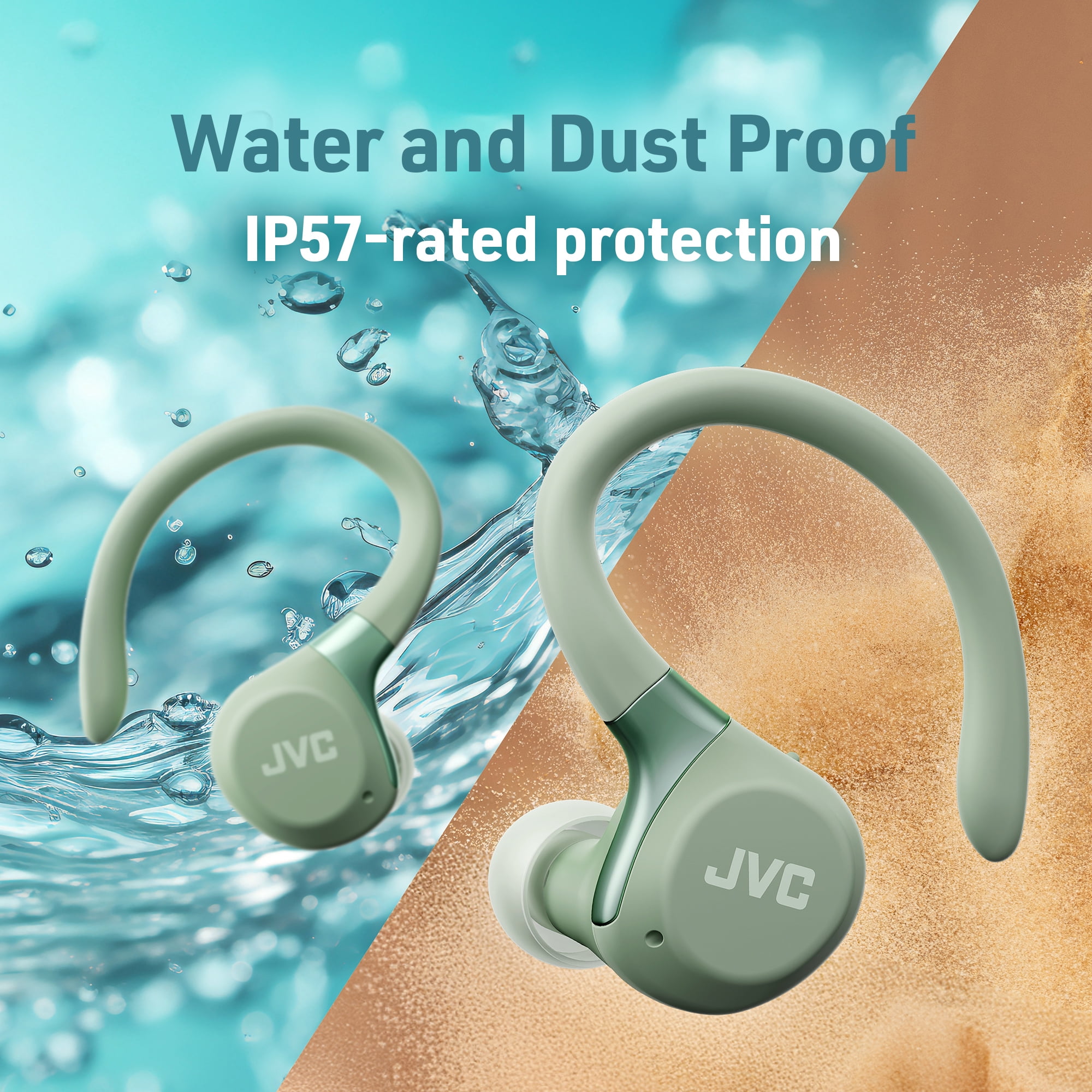 JVC Fitness Series True Wireless Sport Earbuds with Adjustable Hooks, Active Noise Cancelling, Ambient Sound Mode, IP57 Waterproof, 40hr Long Battery Life, App EQ, Low Latency, Mic