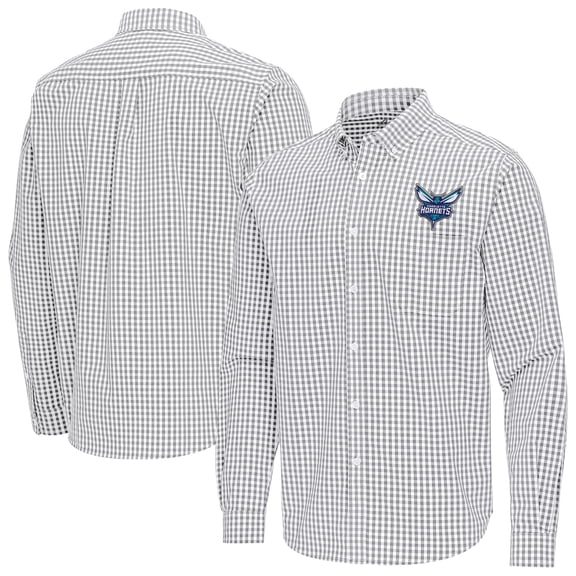 Men's Antigua Gray Charlotte Hornets Ellis Woven Tri-Blend Button-Down Shirt