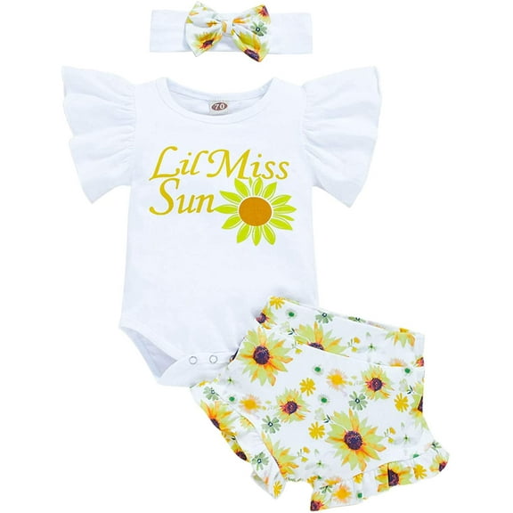 Morttic Newborn Baby Girls Clothes Ruffles Summer Romper Floral Sunflower Bottoms Shorts 3pcs Outfits(Sunflower,3-6m)