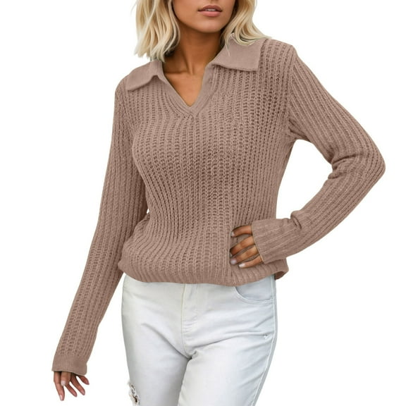 Womens sweaters v neck lapel collar Stylish Pullover Sweaters soft Autumn winter comfy long sleeve knitted sweaters for ladies